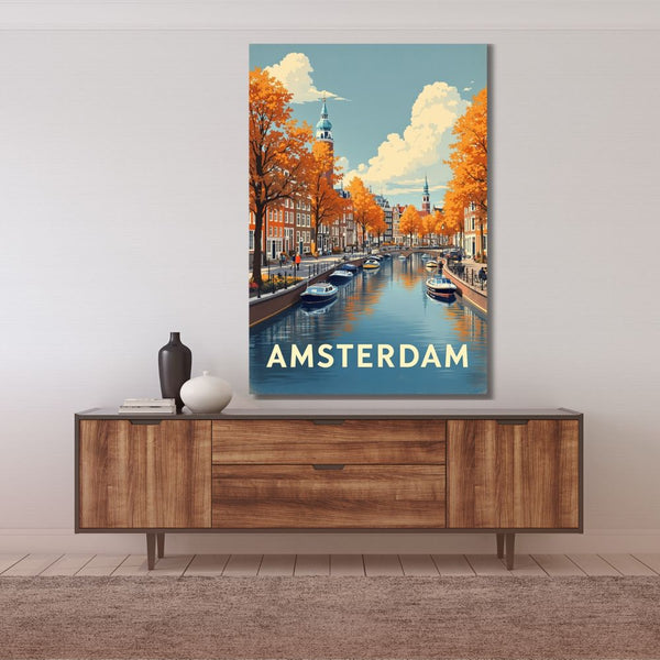 Touteladeco / Toile / Tableau / tableau amsterdam / toile vintage canal / décoration hollandaise / affiche rétro hollande / déco voyage / ville d’europe / ambiance automnale / art mural
