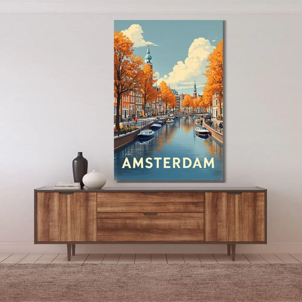 Touteladeco / Toile / Tableau / tableau amsterdam / toile vintage canal / décoration hollandaise / affiche rétro hollande / déco voyage / ville d’europe / ambiance automnale / art mural