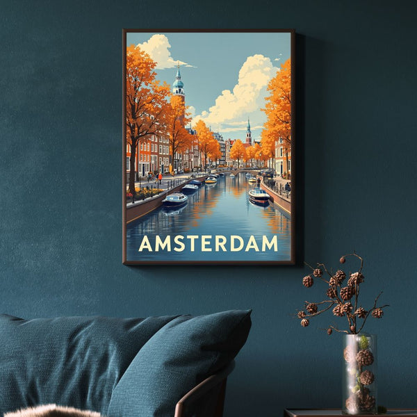 Touteladeco / Toile / Tableau / tableau amsterdam / toile vintage canal / décoration hollandaise / affiche rétro hollande / déco voyage / ville d’europe / ambiance automnale / art mural