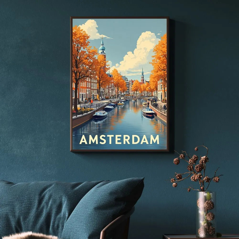 Touteladeco / Toile / Tableau / tableau amsterdam / toile vintage canal / décoration hollandaise / affiche rétro hollande / déco voyage / ville d’europe / ambiance automnale / art mural
