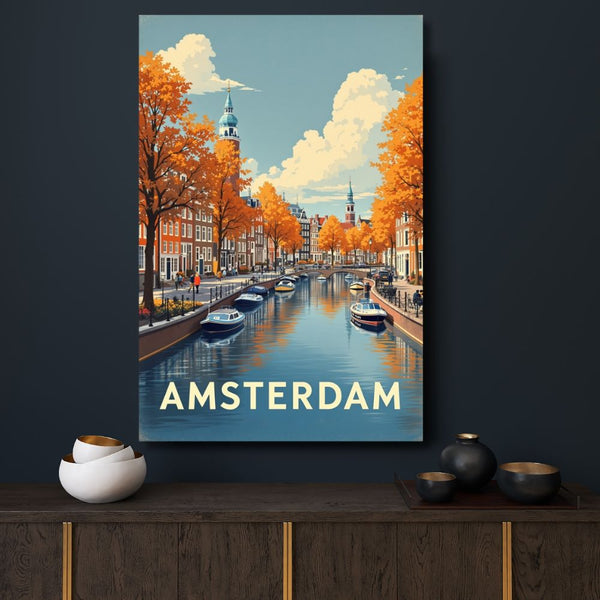 Touteladeco / Toile / Tableau / tableau amsterdam / toile vintage canal / décoration hollandaise / affiche rétro hollande / déco voyage / ville d’europe / ambiance automnale / art mural