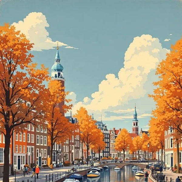 Touteladeco / Toile / Tableau / tableau amsterdam / toile vintage canal / décoration hollandaise / affiche rétro hollande / déco voyage / ville d’europe / ambiance automnale / art mural