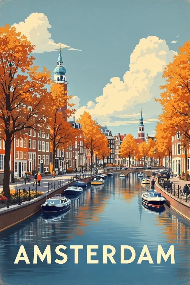 Touteladeco / Toile / Tableau / tableau amsterdam / toile vintage canal / décoration hollandaise / affiche rétro hollande / déco voyage / ville d’europe / ambiance automnale / art mural