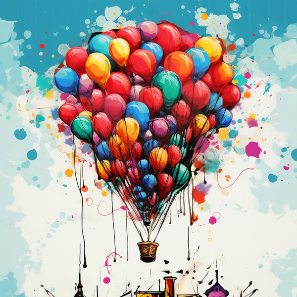 tableau montgolfière de ballons / art coloré moderne / décoration murale originale / ville et ballons multicolores / peinture artistique créative / explosion de couleurs / style aquarelle et illustration / déco poétique et légère / impression sur toile / tableau inspirant et joyeux / toile / tableau / touteladeco