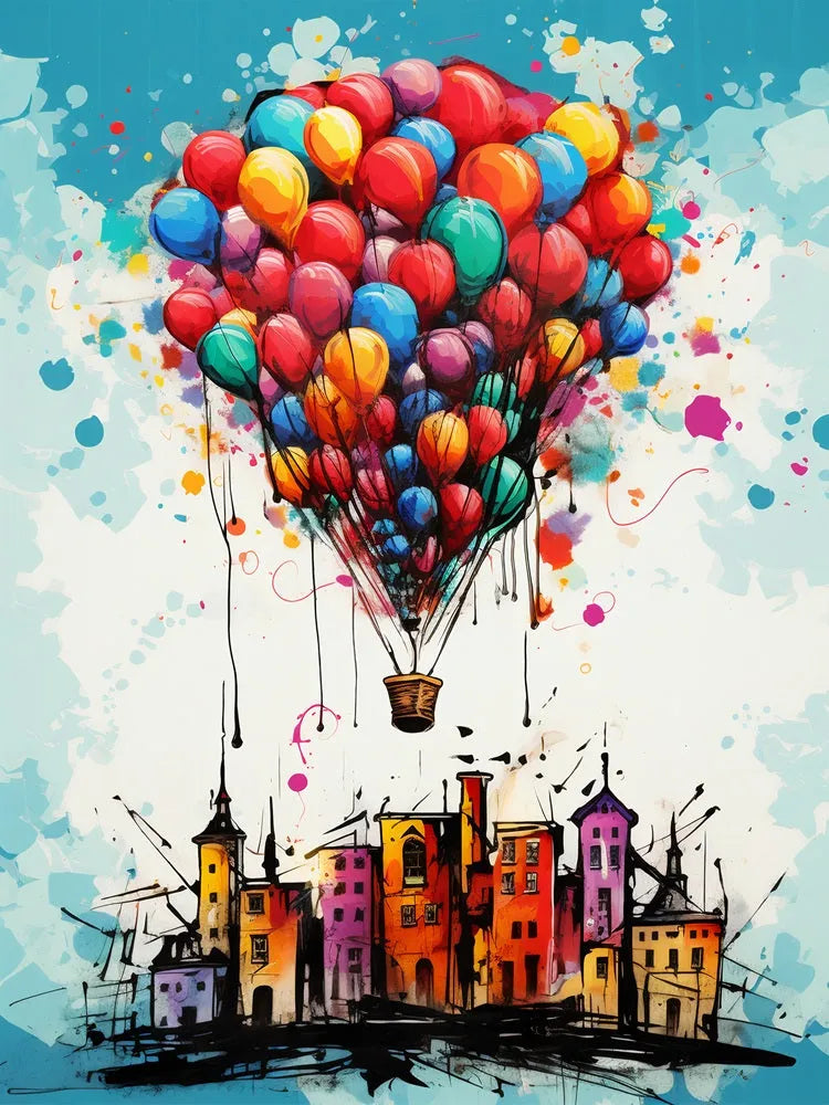 tableau montgolfière de ballons / art coloré moderne / décoration murale originale / ville et ballons multicolores / peinture artistique créative / explosion de couleurs / style aquarelle et illustration / déco poétique et légère / impression sur toile / tableau inspirant et joyeux / toile / tableau / touteladeco