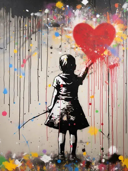 Touteladeco / Tableau Art / Banksy / Street Art / Enfant / Ballon / Coeur / Graffiti / Pop Art / Décoration Murale / Décoration de maison / Moderne / Toile