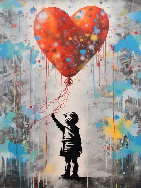 Touteladeco / Tableau Art / Banksy / Street Art / Enfant / Ballon / Coeur / Graffiti / Pop Art / Décoration Murale / Décoration de maison / Moderne / Toile