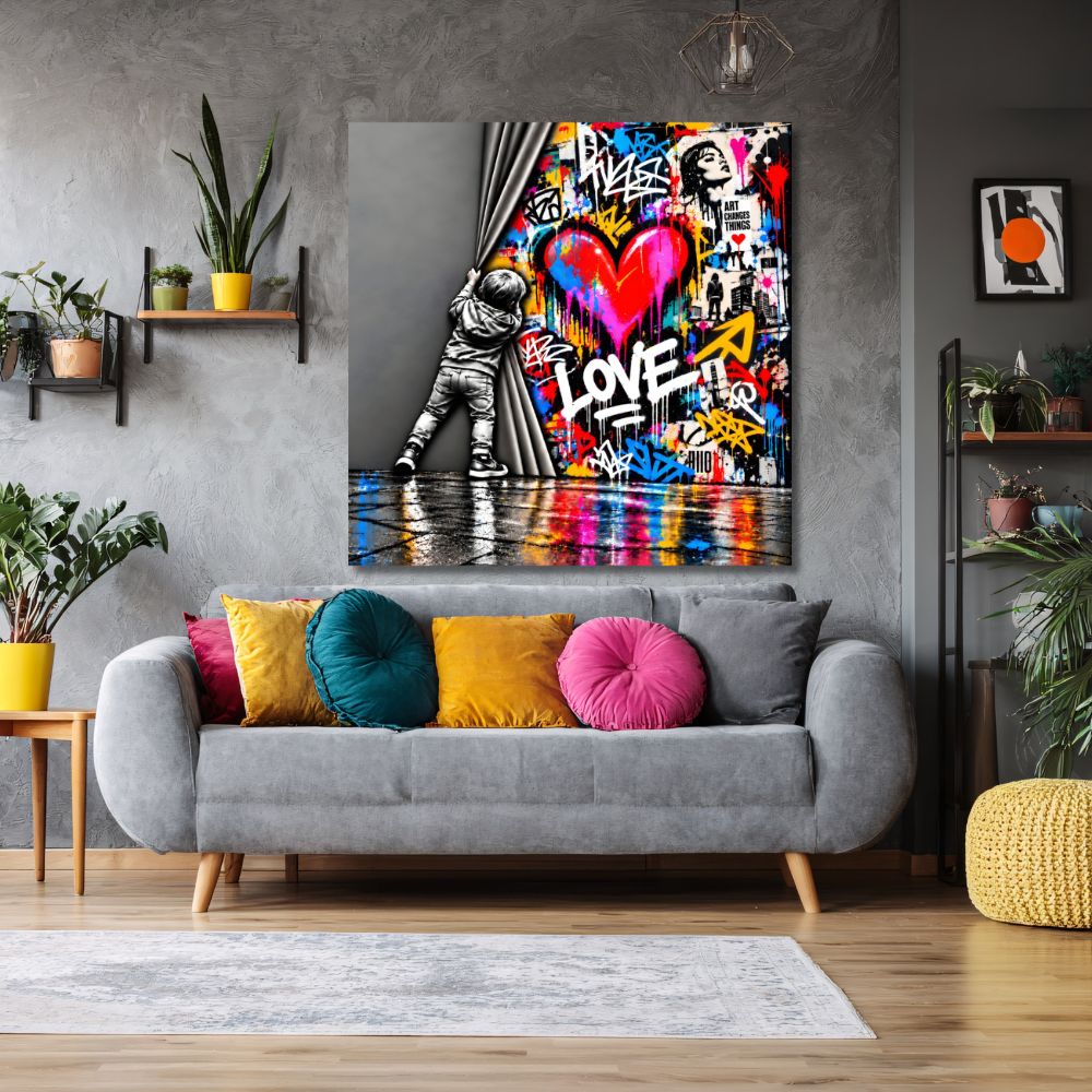 Street Art, Love, Graffiti, Pop Art, Art Urbain, Tableau Moderne, Décoration Murale, Tableau Coloré, Amour, Behind The Wall.