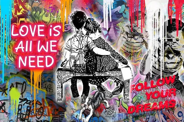 Touteladeco / Tableau Art / Banksy / Street Art / Love / Street / Couleur / Graffiti / Pop Art / Décoration Murale / Décoration de maison / Moderne / Toile