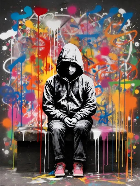 Touteladeco / Tableau Art / Banksy / Street Art / Garçon sur un banc / Graffiti / Pop Art / Décoration Murale / Décoration de maison / Moderne / Toile
