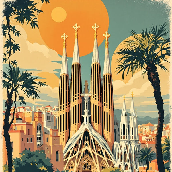 Touteladeco / Toile / Tableau / tableau barcelone / toile vintage espagne / affiche rétro barcelone / déco catalane / décoration voyage / sagrada familia / toile murale barcelone