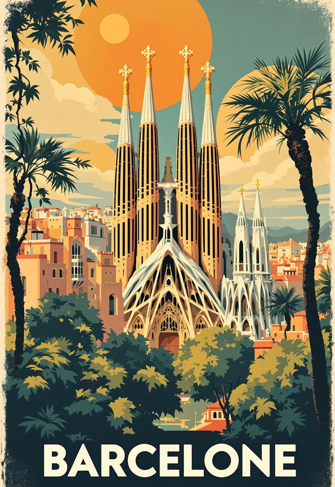 Touteladeco / Toile / Tableau / tableau barcelone / toile vintage espagne / affiche rétro barcelone / déco catalane / décoration voyage / sagrada familia / toile murale barcelone