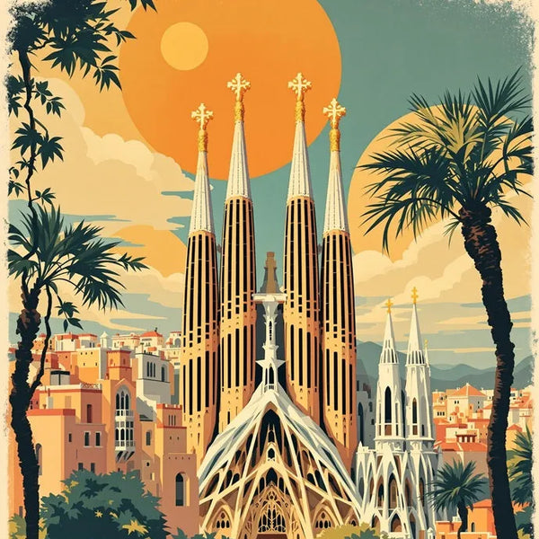 Touteladeco / Toile / Tableau / tableau barcelone / toile vintage espagne / affiche rétro barcelone / déco catalane / décoration voyage / sagrada familia / toile murale barcelone