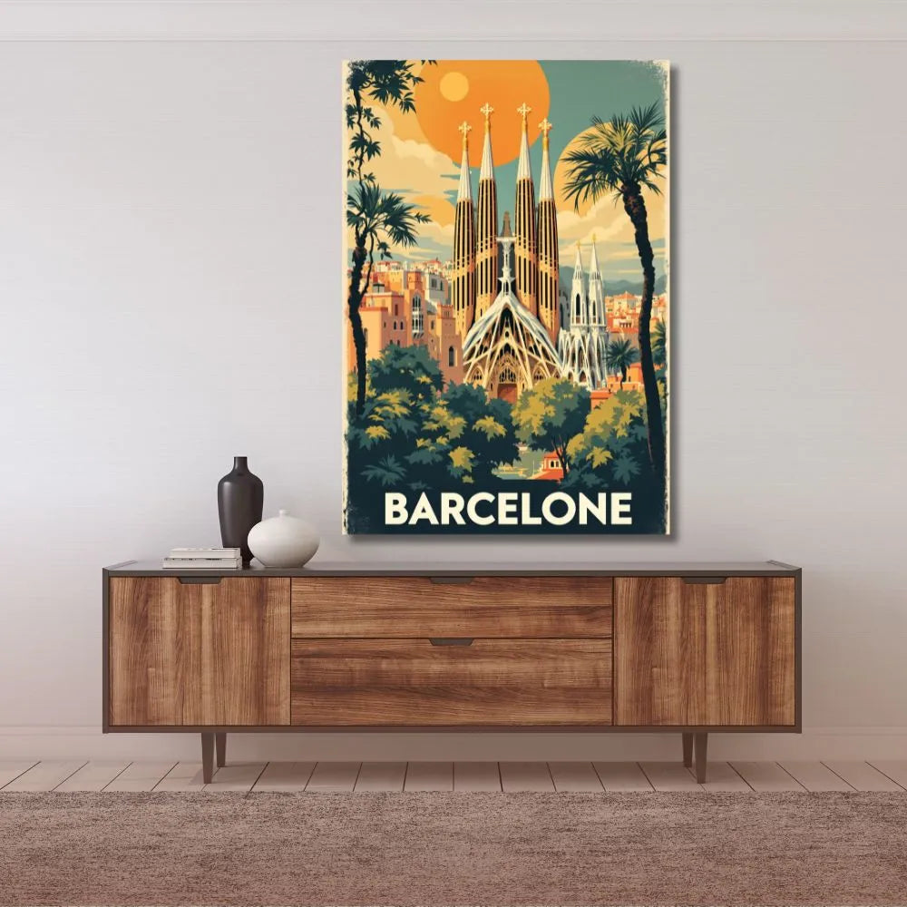 Touteladeco / Toile / Tableau / tableau barcelone / toile vintage espagne / affiche rétro barcelone / déco catalane / décoration voyage / sagrada familia / toile murale barcelone