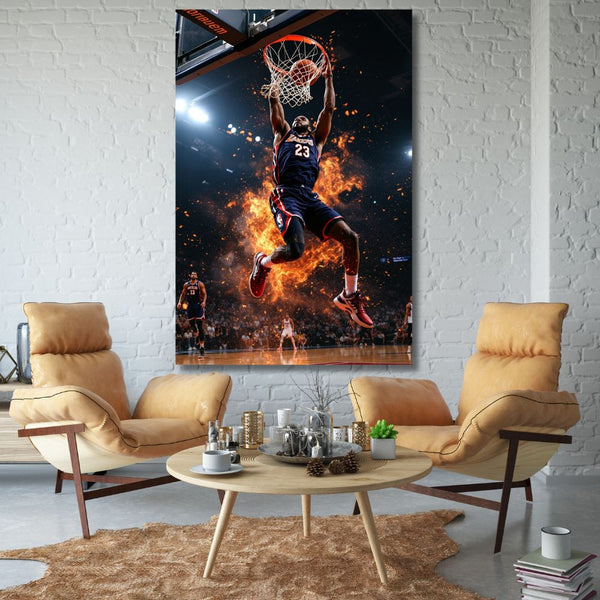 Touteladeco / Toile / Tableau / tableau basketteur / dunk en feu / toile déco sport / poster NBA / art urbain / déco chambre ado / tableau basket moderne / toile basketball / déco sportive homme