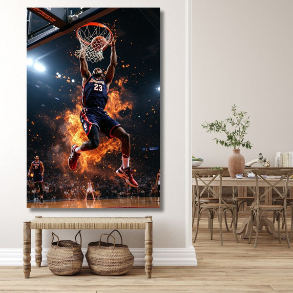 Touteladeco / Toile / Tableau / tableau basketteur / dunk en feu / toile déco sport / poster NBA / art urbain / déco chambre ado / tableau basket moderne / toile basketball / déco sportive homme