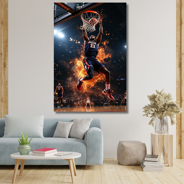 Touteladeco / Toile / Tableau / tableau basketteur / dunk en feu / toile déco sport / poster NBA / art urbain / déco chambre ado / tableau basket moderne / toile basketball / déco sportive homme