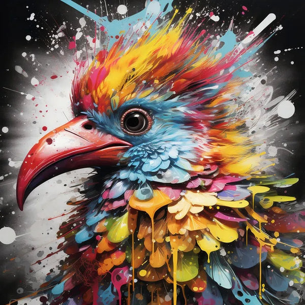 Touteladeco / Toile / Tableau / tableau oiseau pop art / oiseau exotique coloré / art animalier moderne / décoration murale tropicale / explosion de couleurs / style graffiti artistique / oiseau multicolore stylisé / peinture vibrante et expressive / déco originale et vive / impression sur toile