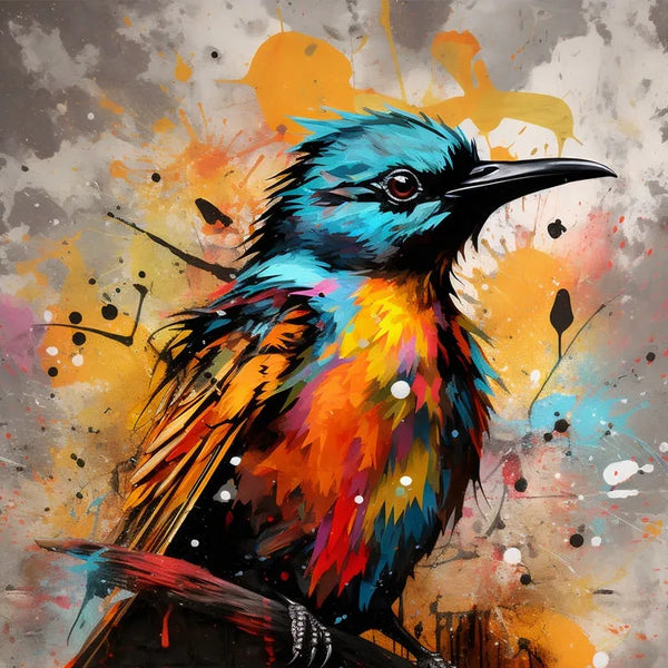 Touteladeco / Toile / Tableau / tableau oiseau tropical / guêpier stylisé / art animalier coloré / décoration murale exotique / oiseau multicolore / peinture pop art vibrante / style graffiti contemporain / éclaboussures de peinture / déco moderne et expressive / impression sur toile