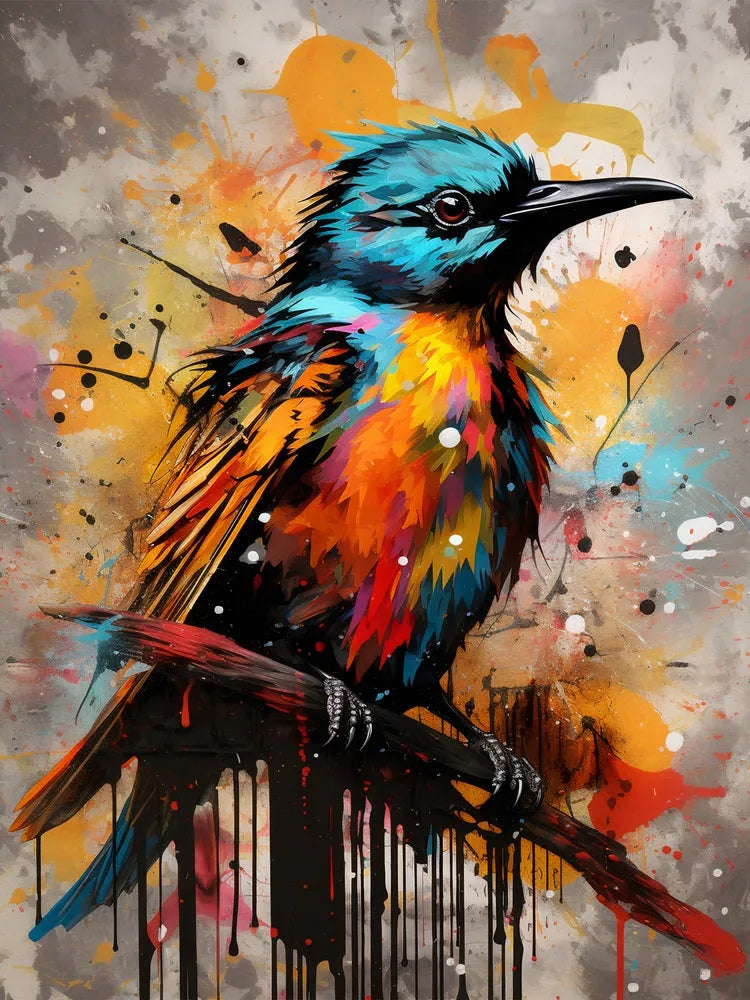Touteladeco / Toile / Tableau / tableau oiseau tropical / guêpier stylisé / art animalier coloré / décoration murale exotique / oiseau multicolore / peinture pop art vibrante / style graffiti contemporain / éclaboussures de peinture / déco moderne et expressive / impression sur toile