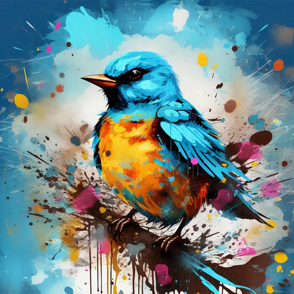 Touteladeco / Toile / Tableau / tableau oiseau bleu / merlebleu de l’Est stylisé / art animalier coloré / décoration murale poétique / peinture pop art oiseau / effet éclaboussures de peinture / oiseau bleu et orange / style street art moderne / déco naturelle et expressive / impression sur toile