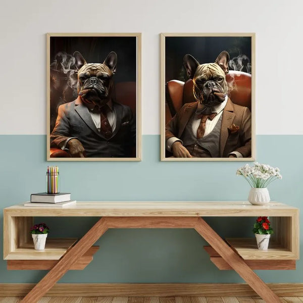 Touteladeco / Tableau Pop Art / Bouledogue / CIgare  / Décoration Murale / Moderne / Bière / Costume / Siege / Toile / Tableau / Fauteuil / Chien