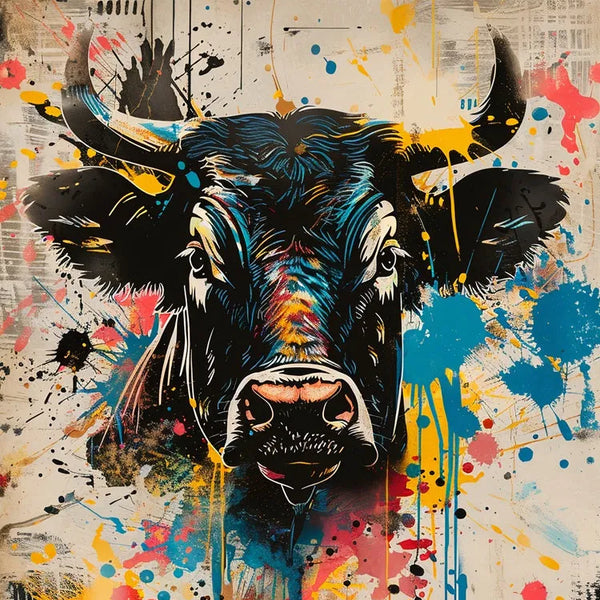 Touteladeco / Toile / tableau / tableau taureau / street art / art mural urbain / déco moderne / peinture taureau colorée / toile originale / graffiti animal / art pop
