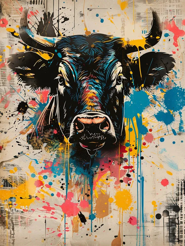 Touteladeco / Toile / tableau / tableau taureau / street art / art mural urbain / déco moderne / peinture taureau colorée / toile originale / graffiti animal / art pop