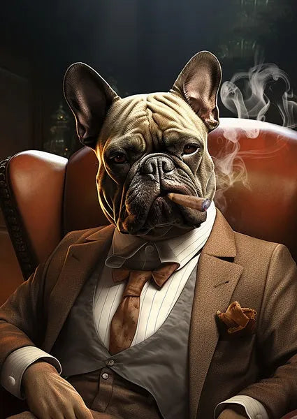Touteladeco / Tableau Pop Art / Bouledogue / CIgare / Décoration Murale / Moderne / Bière / Costume / Siege / Toile / Tableau / Fauteuil / Chien