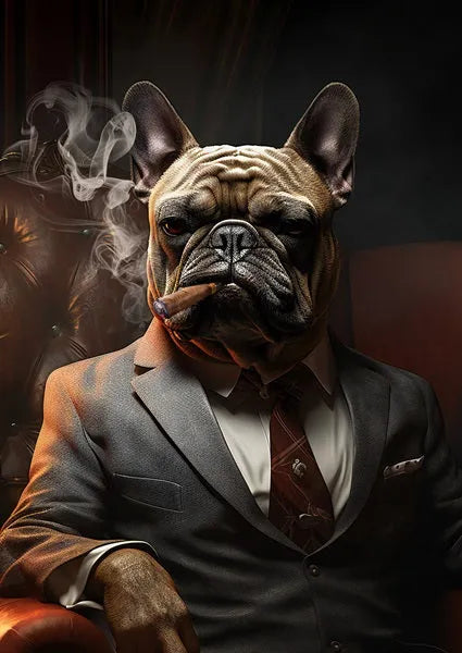 Touteladeco / Tableau Pop Art / Bouledogue / CIgare / Décoration Murale / Moderne / Bière / Costume / Siege / Toile / Tableau / Fauteuil / Chien