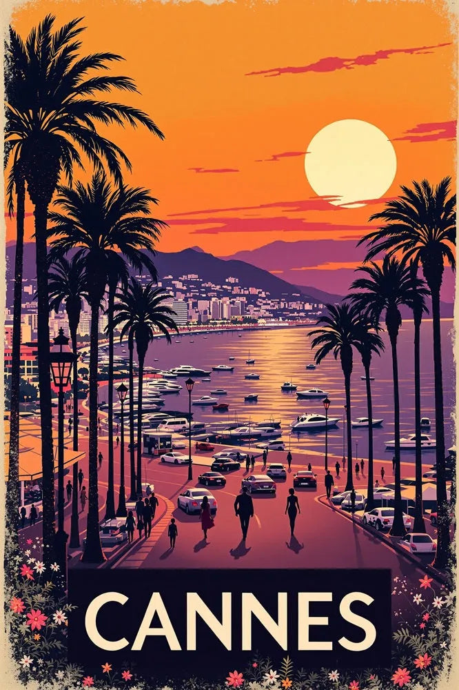 Touteladeco / Toile / Tableau / toile cannes / tableau vintage / décoration croisette / affiche coucher de soleil / déco french riviera / toile rétro cannes / ambiance méditerranée / luxe déco murale
