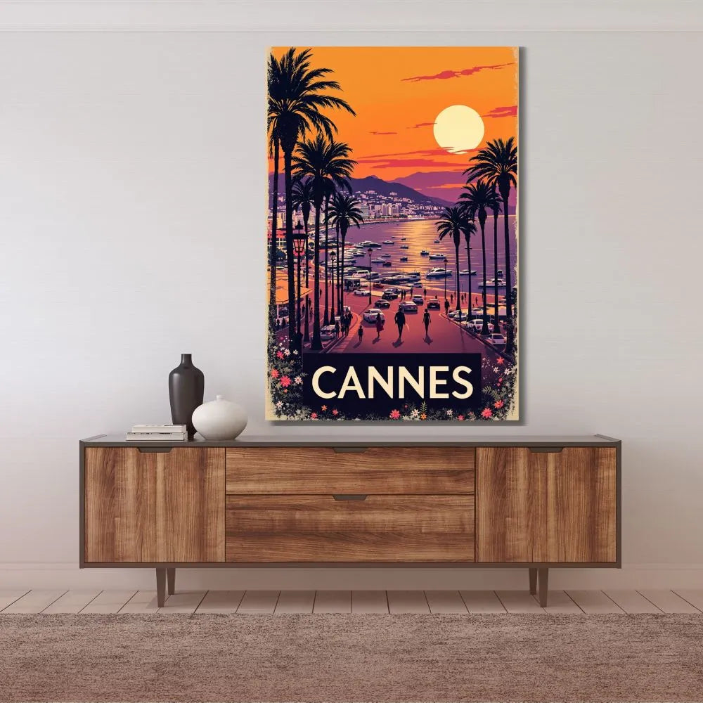 Touteladeco / Toile / Tableau / toile cannes / tableau vintage / décoration croisette / affiche coucher de soleil / déco french riviera / toile rétro cannes / ambiance méditerranée / luxe déco murale