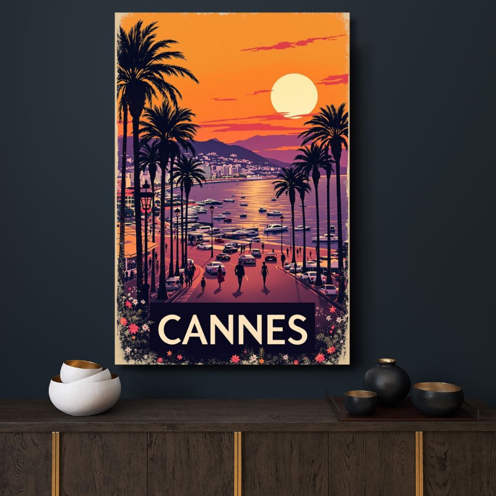 Touteladeco / Toile / Tableau / toile cannes / tableau vintage / décoration croisette / affiche coucher de soleil / déco french riviera / toile rétro cannes / ambiance méditerranée / luxe déco murale