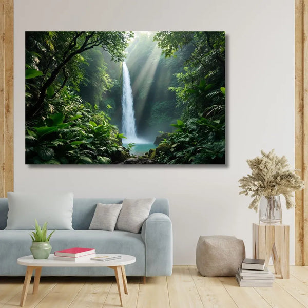 Touteladeco / Toile / Tableau / toile jungle / tableau cascade tropicale / déco nature / toile zen / décoration murale verdoyante / tableau forêt tropicale