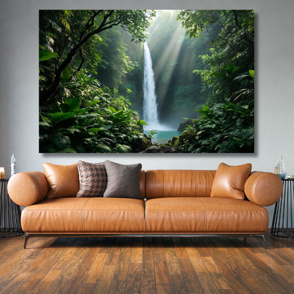 Touteladeco / Toile / Tableau / toile jungle / tableau cascade tropicale / déco nature / toile zen / décoration murale verdoyante / tableau forêt tropicale