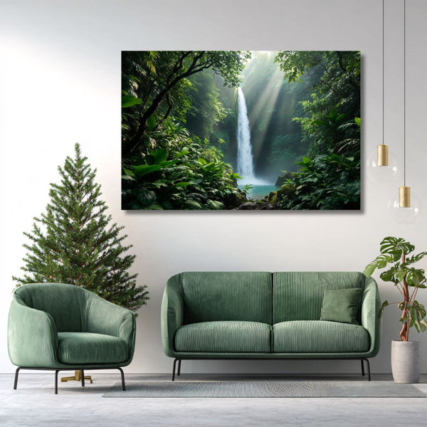 Touteladeco / Toile / Tableau / toile jungle / tableau cascade tropicale / déco nature / toile zen / décoration murale verdoyante / tableau forêt tropicale