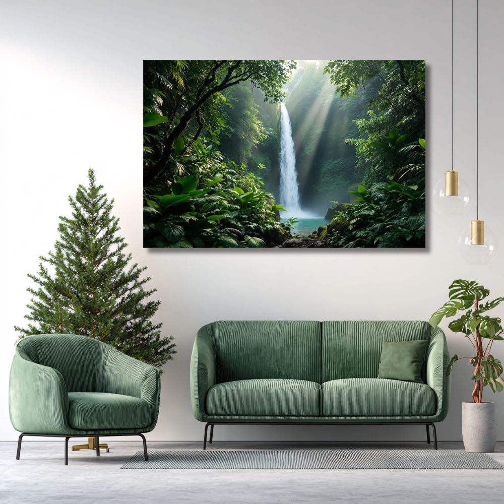 Touteladeco / Toile / Tableau / toile jungle / tableau cascade tropicale / déco nature / toile zen / décoration murale verdoyante / tableau forêt tropicale