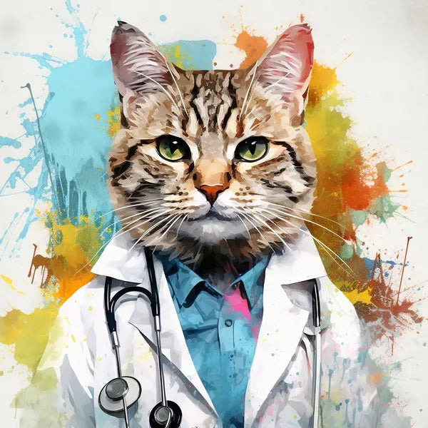 Touteladeco / Tableau Pop Art / Animaux / Chat / Décoration Murale / Décoration de maison / Moderne / Docteur / Doctoresse / Blouse / Medecin / Stethoscope