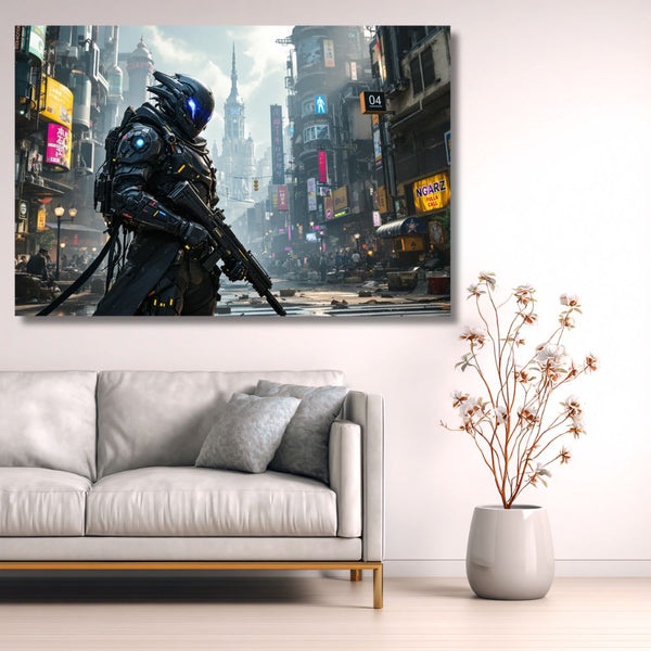 Touteladeco / Toile / Tableau / toile cyberpunk / tableau guerrier futuriste / déco gaming / art mural sci-fi / affiche néon urbaine