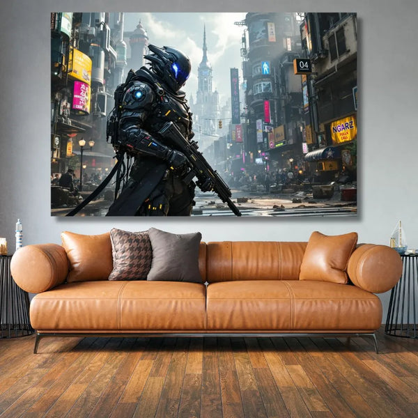 Touteladeco / Toile / Tableau / toile cyberpunk / tableau guerrier futuriste / déco gaming / art mural sci-fi / affiche néon urbaine