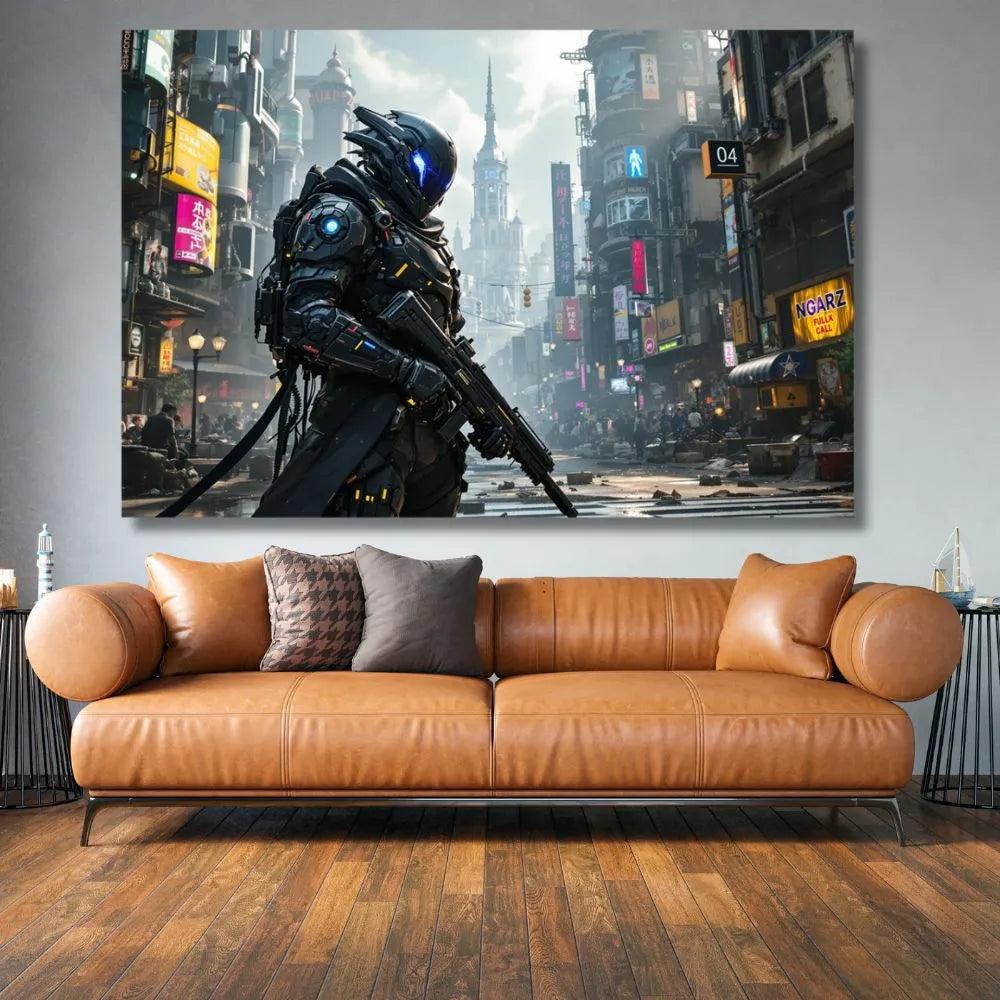 Touteladeco / Toile / Tableau / toile cyberpunk / tableau guerrier futuriste / déco gaming / art mural sci-fi / affiche néon urbaine