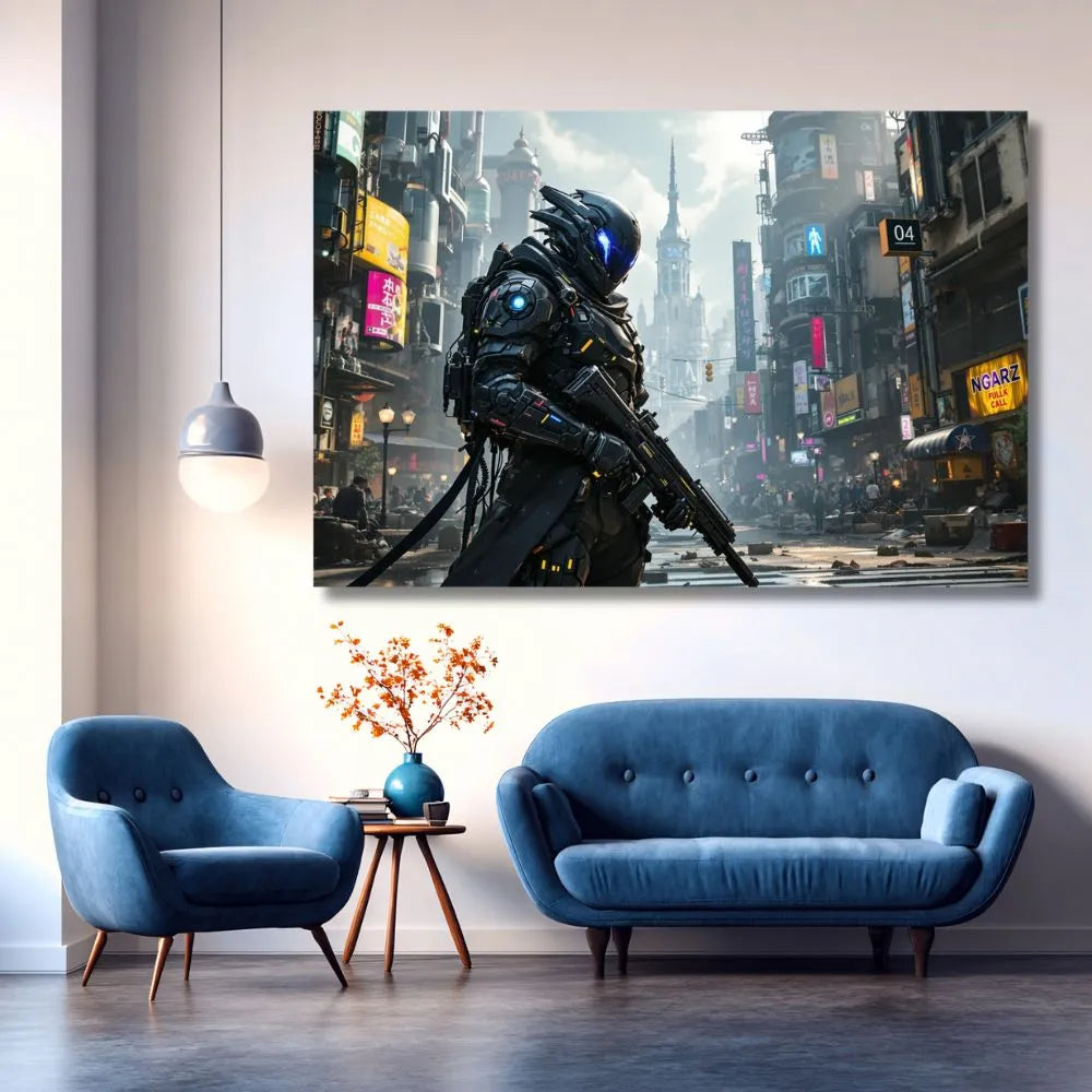 Touteladeco / Toile / Tableau / toile cyberpunk / tableau guerrier futuriste / déco gaming / art mural sci-fi / affiche néon urbaine