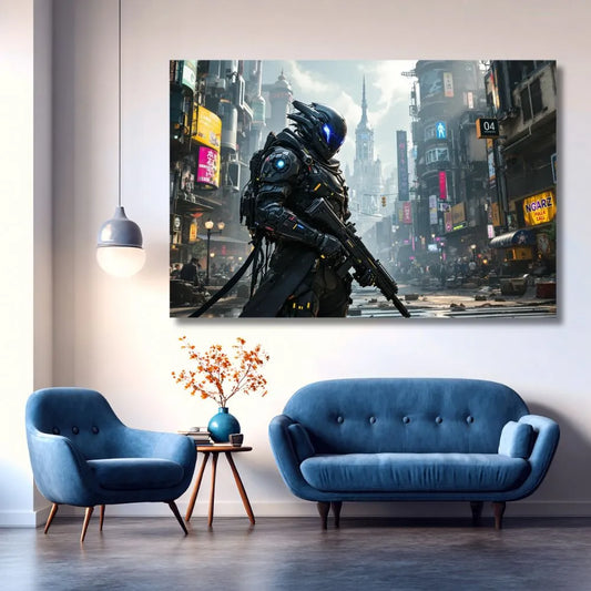Touteladeco / Toile / Tableau / toile cyberpunk / tableau guerrier futuriste / déco gaming / art mural sci-fi / affiche néon urbaine