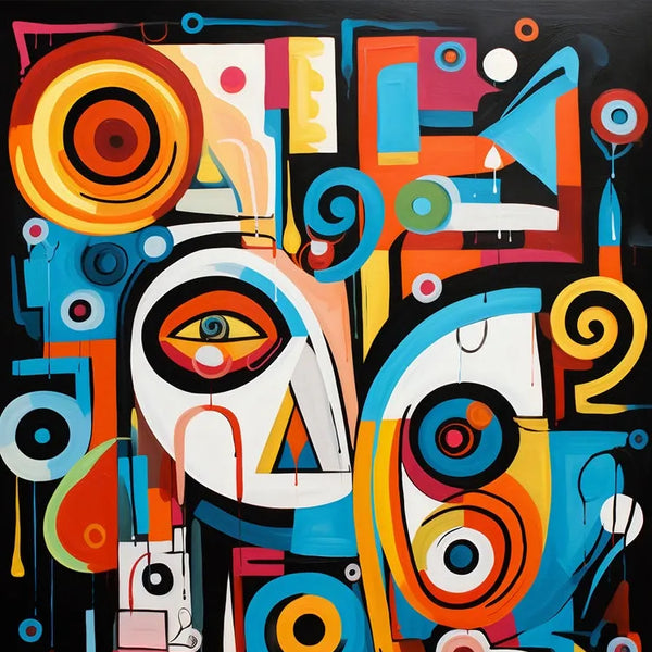 Touteladeco / Toile / tableau / tableau abstrait / art géométrique / visages cubistes / décoration murale moderne / couleurs vives / style graphique / œuvre contemporaine