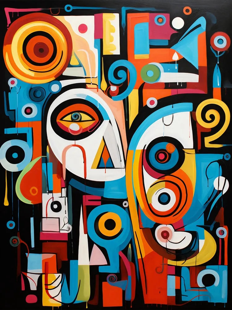 Touteladeco / Toile / tableau / tableau abstrait / art géométrique / visages cubistes / décoration murale moderne / couleurs vives / style graphique / œuvre contemporaine