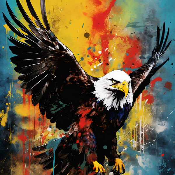 Touteladeco / Toile / Tableau / tableau aigle pop art / aigle en plein envol / art animalier puissant / décoration murale rapace / style street art coloré / peinture moderne éclaboussée / fond jaune rouge bleu / symbole de liberté et force / impression sur toile / déco audacieuse et inspirante