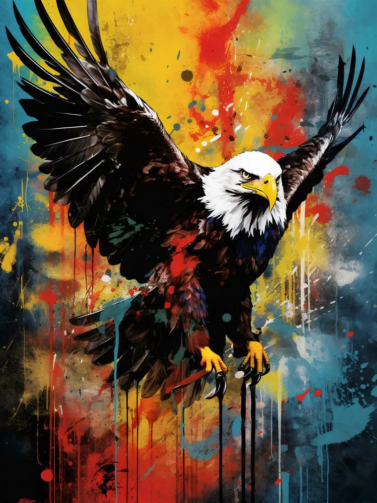 Touteladeco / Toile / Tableau / tableau aigle pop art / aigle en plein envol / art animalier puissant / décoration murale rapace / style street art coloré / peinture moderne éclaboussée / fond jaune rouge bleu / symbole de liberté et force / impression sur toile / déco audacieuse et inspirante