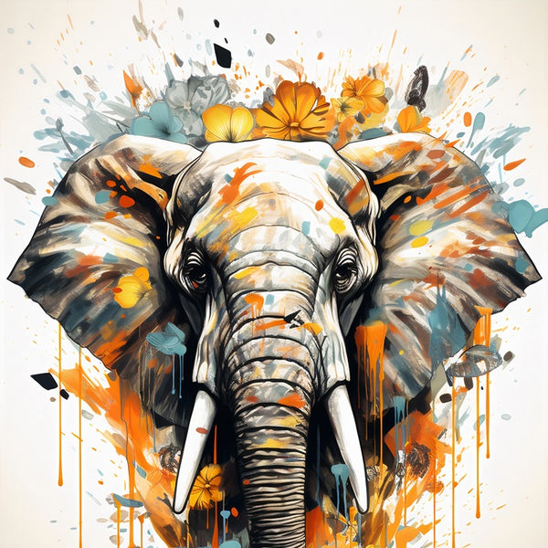 Touteladeco / Toile / Tableau / éléphant / tableau éléphant / pop art / fleurs / art mural / déco nature / toile moderne / couleurs douces / animal majestueux / décoration murale