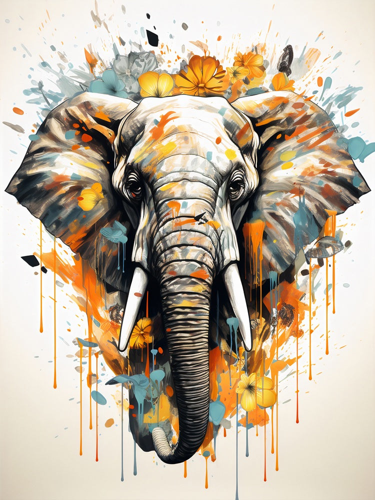 Touteladeco / Toile / Tableau / éléphant / tableau éléphant / pop art / fleurs / art mural / déco nature / toile moderne / couleurs douces / animal majestueux / décoration murale