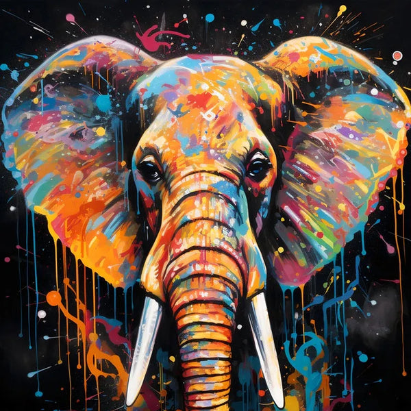 Touteladeco / Toile / Tableau / éléphant pop art / tableau éléphant coloré / art mural urbain / décoration moderne / peinture éclaboussée / animal totem mural / toile arty éléphant / art contemporain animal / déco puissante / tableau original street art